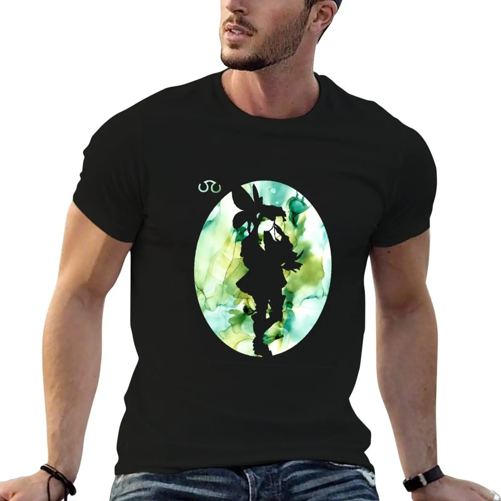 T-shirt à manches courtes décontracté pour les fêtes, avec silhouette de savant FFXIV sur un fond inspiré d'Eos