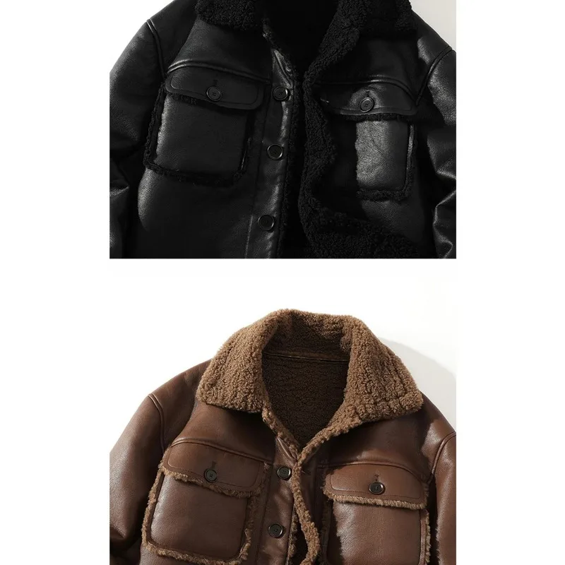 Men Suede Leather Jacket Autumn Winter Warm Thick Casual Lapel Outwear Faux Lamb Wool Fur Solid Color Turn-down Collar Coat