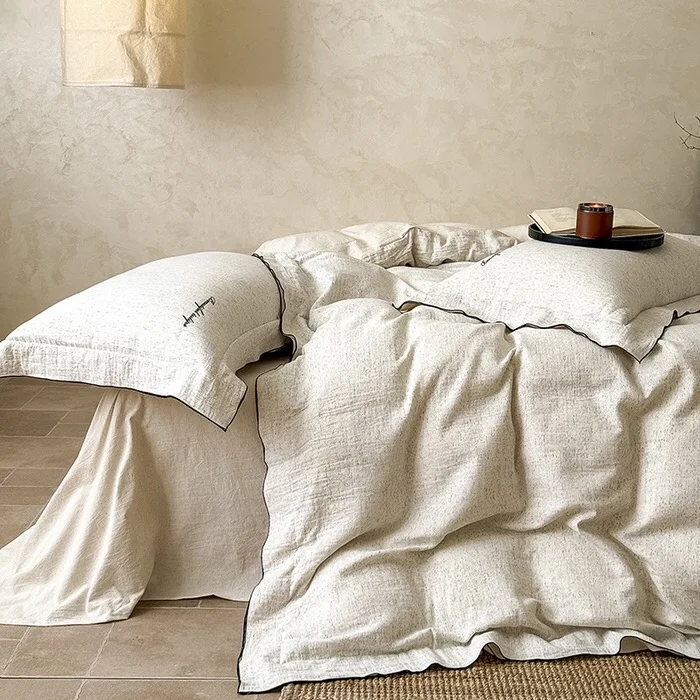 Pastoral Style Custom Beige Cotton and Linen 4pcs Home Textiles Jacquard Donna Cover Double-layer Edge Pillowcase Bedding