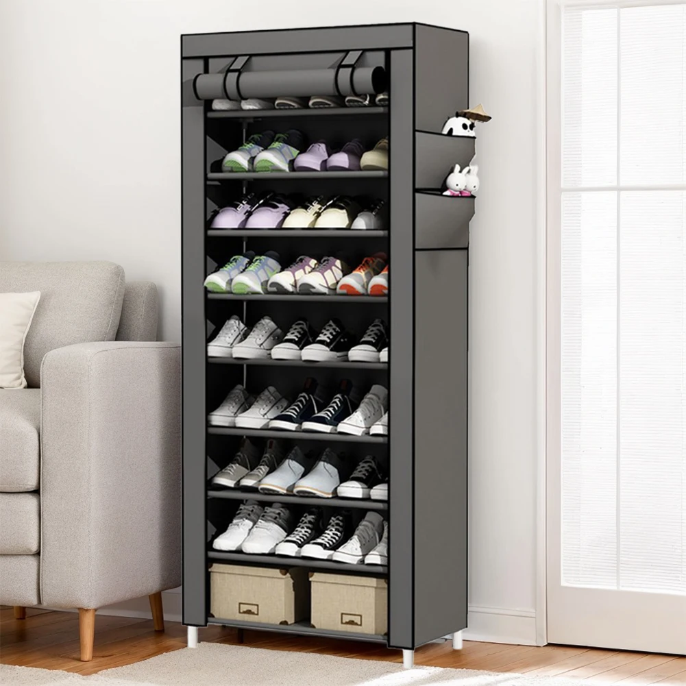 

10 Layers Dustproof Shoes Storage Rack with Fabric Cover Free Standing Organizer for Home Student Dormitory Office Worker