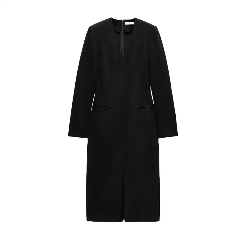 Nowa Kolekcja Jesień Zima Damskie Długie Sukienki Maxi z Dekoltem w Serek, Luźne, Szyfonowe, Eleganckie, do Pracy, z Podkreśloną Talią