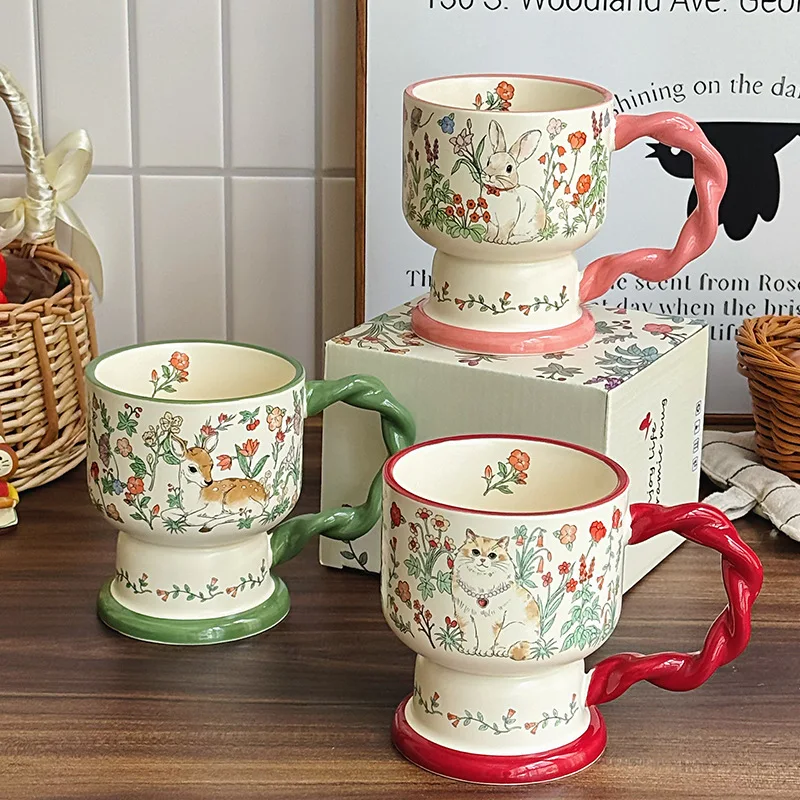 

Cartoon Ceramic Coffee Mug with Twists Handle Creative Office Drinking Tea Cup Retro Flower Plant Kawaii Water Cup Drinkware