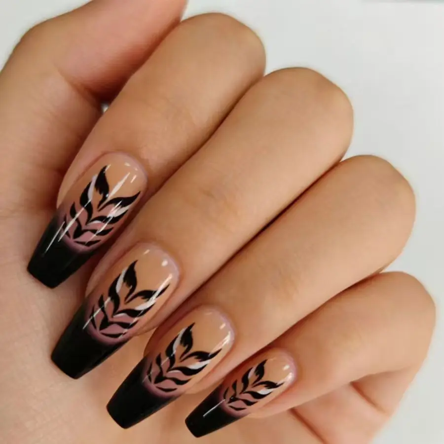 Medium fake nails for women girls fashion purple black flora strips design full cover ballet nail tips press on false nail art