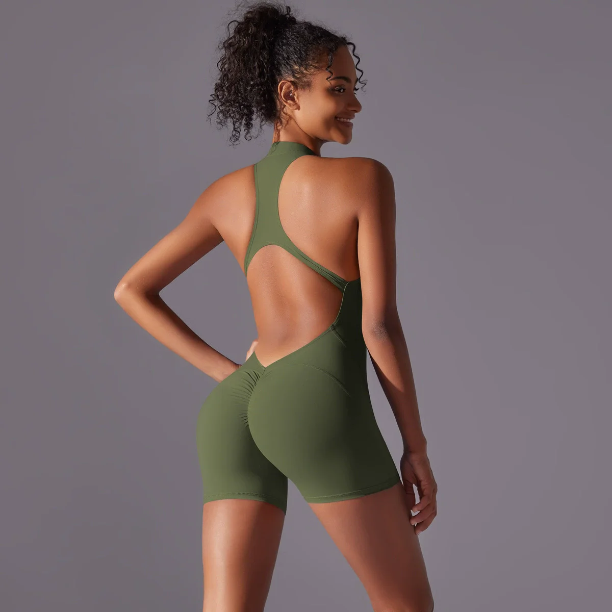 

New cross-border solid color high-intensity nude tight fitting sports back jumpsuit yoga suit tight fitting running fitness suit