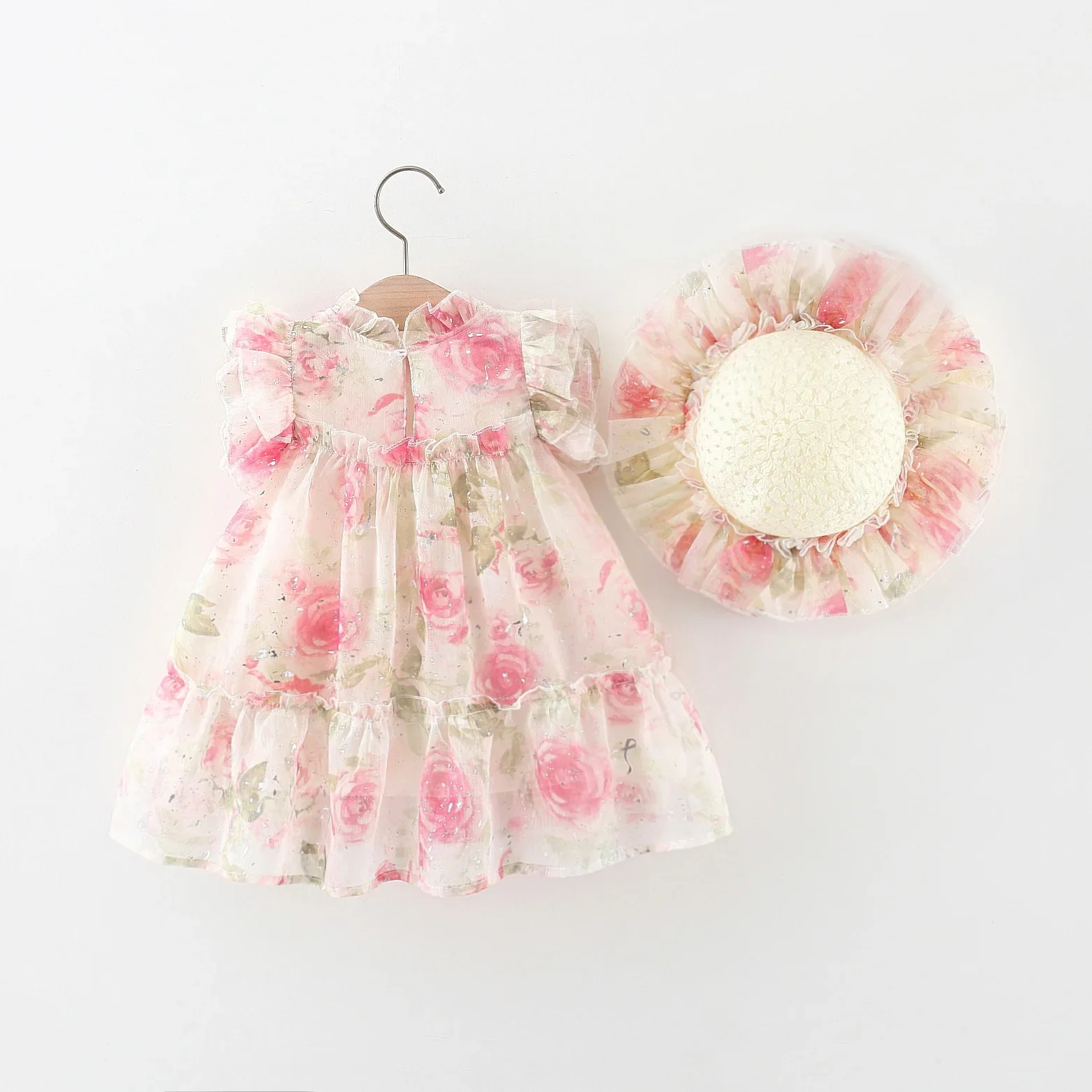 New Summer Girls Dress Pastoral Style Small Flying Sleeve Flower Cake Layer Lace Pleats Lace Pleats + Delicate Hat Romantic