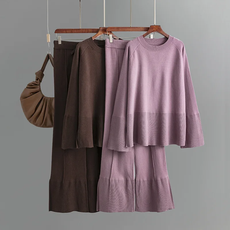 

Autumn Winter Sweater 2 Piece Sets Women Outfit Flare Sleeves Round Neck Slit Loose Pullover Two Piece Set for Women Pant Sets
