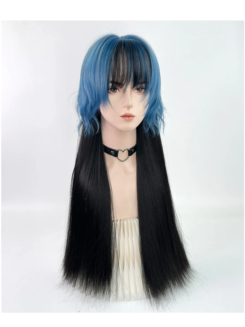 مقاومة للحرارة الاصطناعية لوليتا أسود أومبير الأزرق شعر مستعار للنساء الرجال نمط طويل مستقيم مع الانفجارات تأثيري ملابس يومية للحفلات #4
