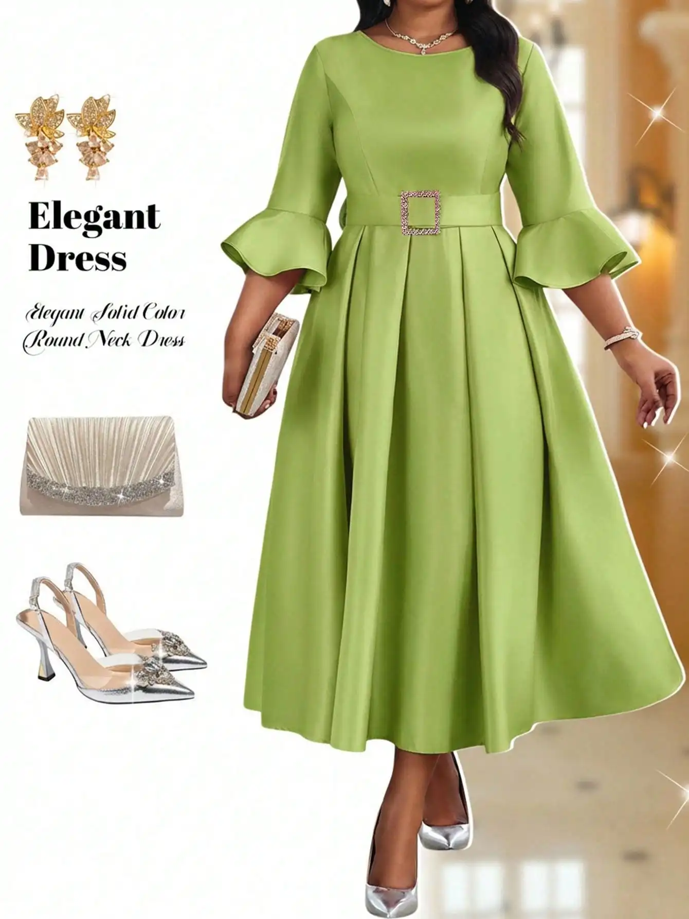 Vestido midi verde lima de corte A con cuello redondo, mangas acampanadas y cinturón de pedrería para bodas, fiestas o eventos nocturnos