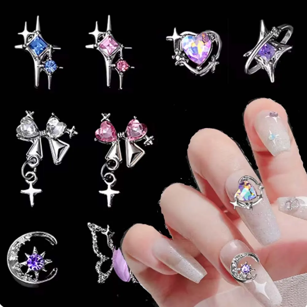 5Pcs Luxury Alloy Love Heart Nail Art Charms 3D Metal Starlight Moon Star Jewelry Nail Decoration Shiny DIY Manicure Accessories