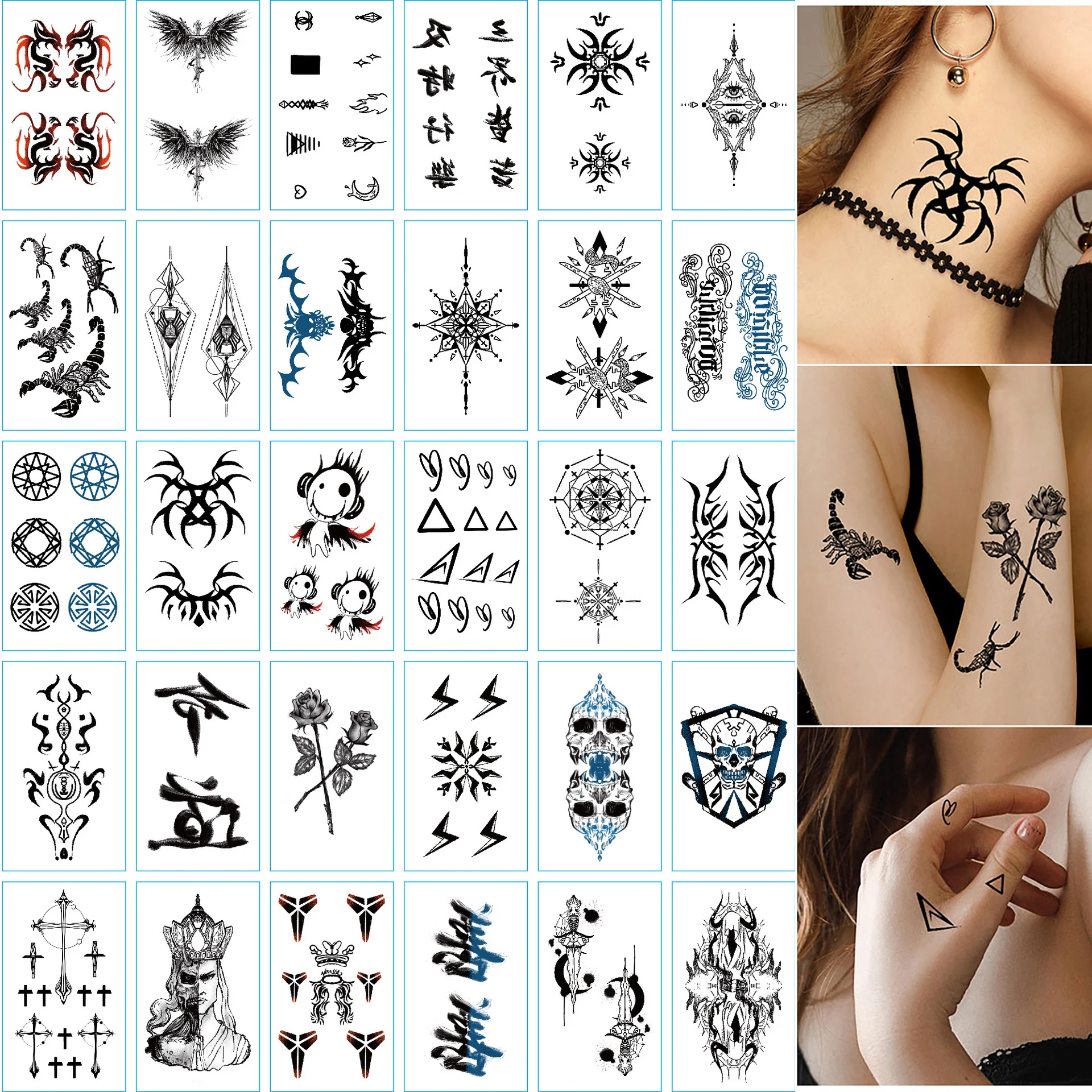 30Sheets Temporary Tattoo Stickers,Black Chinese Characters Skull Pattern Fake Tattoo Sticker,Waterproof Lasting 2-5 Days