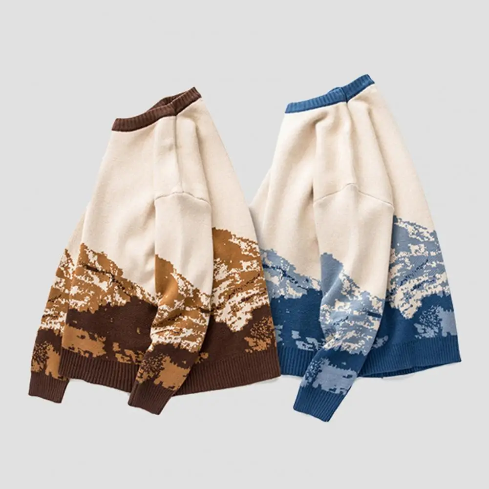 冬のセーター レトロ ブラウン セーター メンズ タイダイ スノーバーグ パターン セーター カラーマッチング ラウンドネック 厚手 ニット 秋用