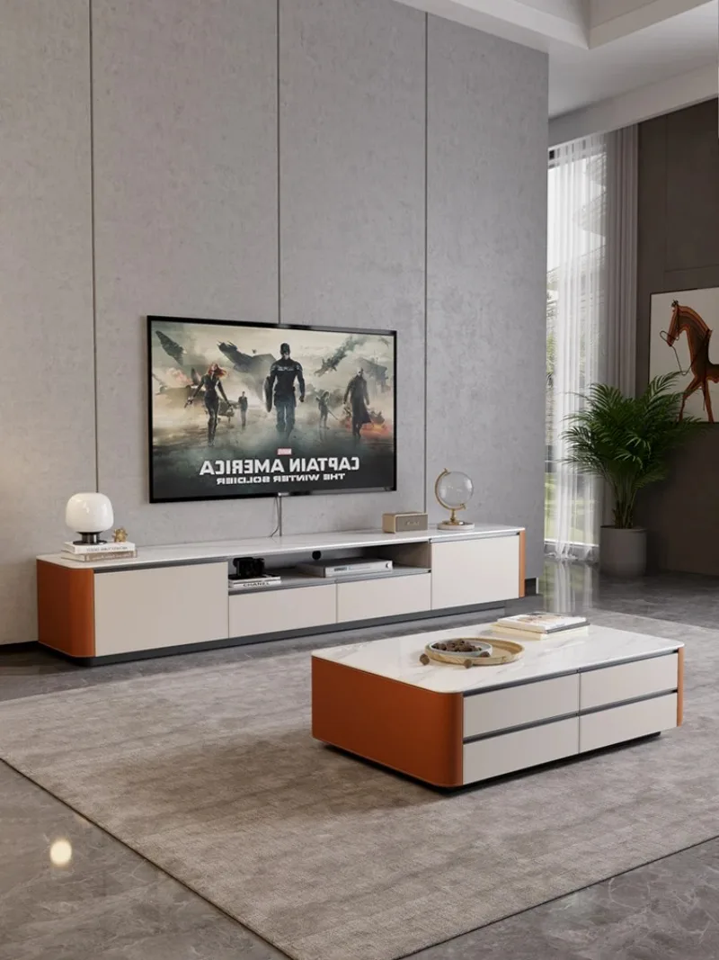 

Minimalist saddle leather TV cabinet coffee table combination modern household small-sized living room solid wood top-grade