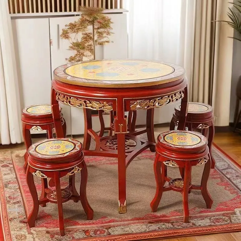 Chinese painted solid wood dining table, small apartment round dining table and chairs, simple table light luxury household
