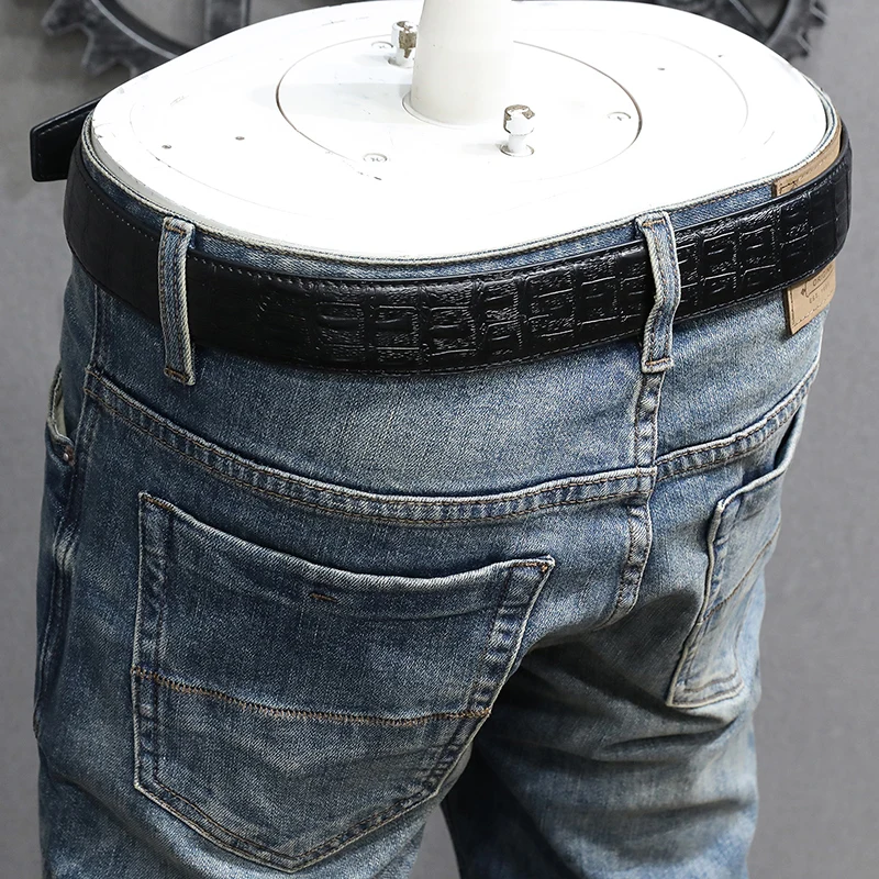 Italian Style Fashion Men Jeans Retro Washed Blue High Quality Stretch Slim Fit Ripped Jeans Men Vintage Designer Denim Pants