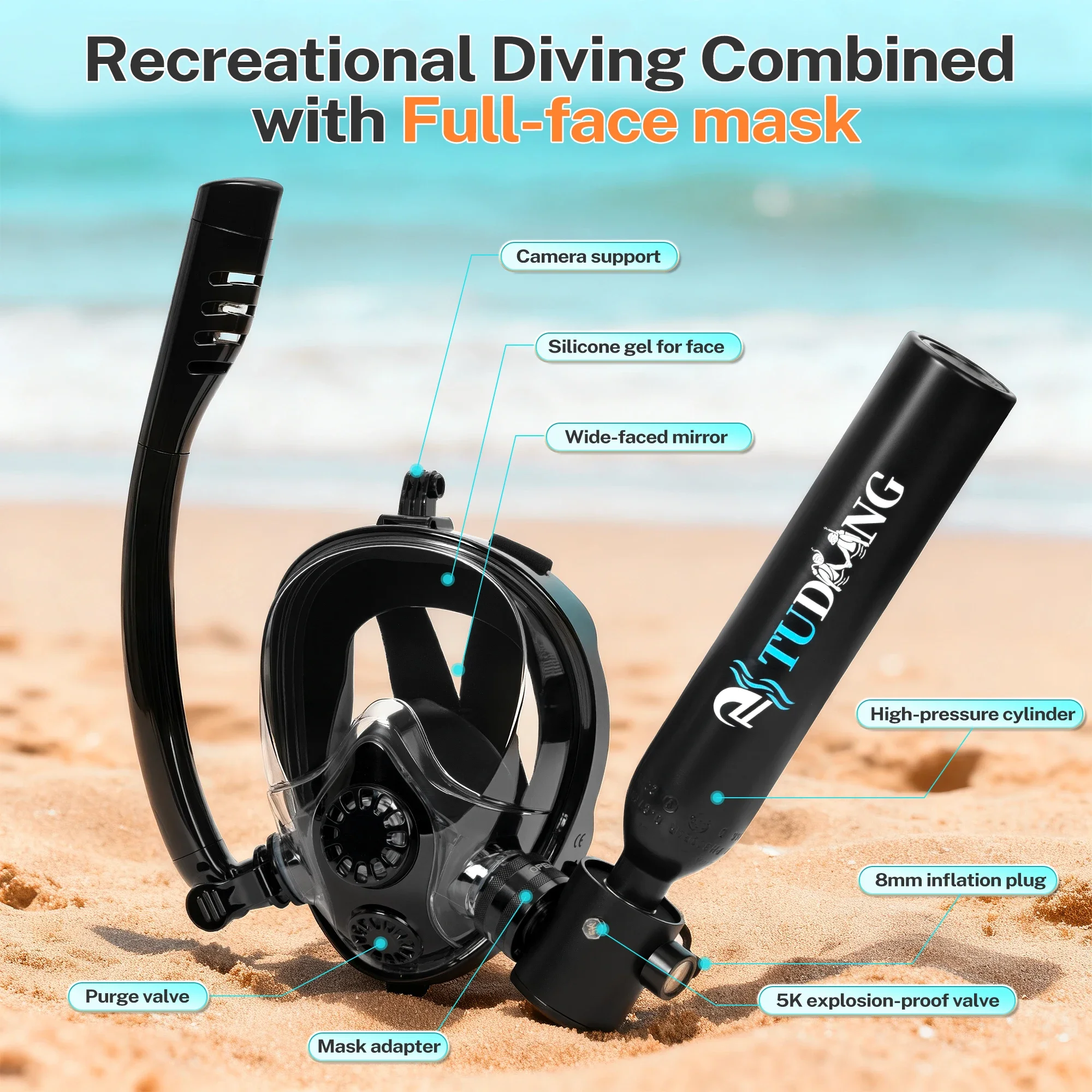 TUDIVING-0.5L Scuba Diving Tank Kit with 300Bar 12V PCP Air Compressor with Diving Mask Portable Scuba Tank Underwater Training