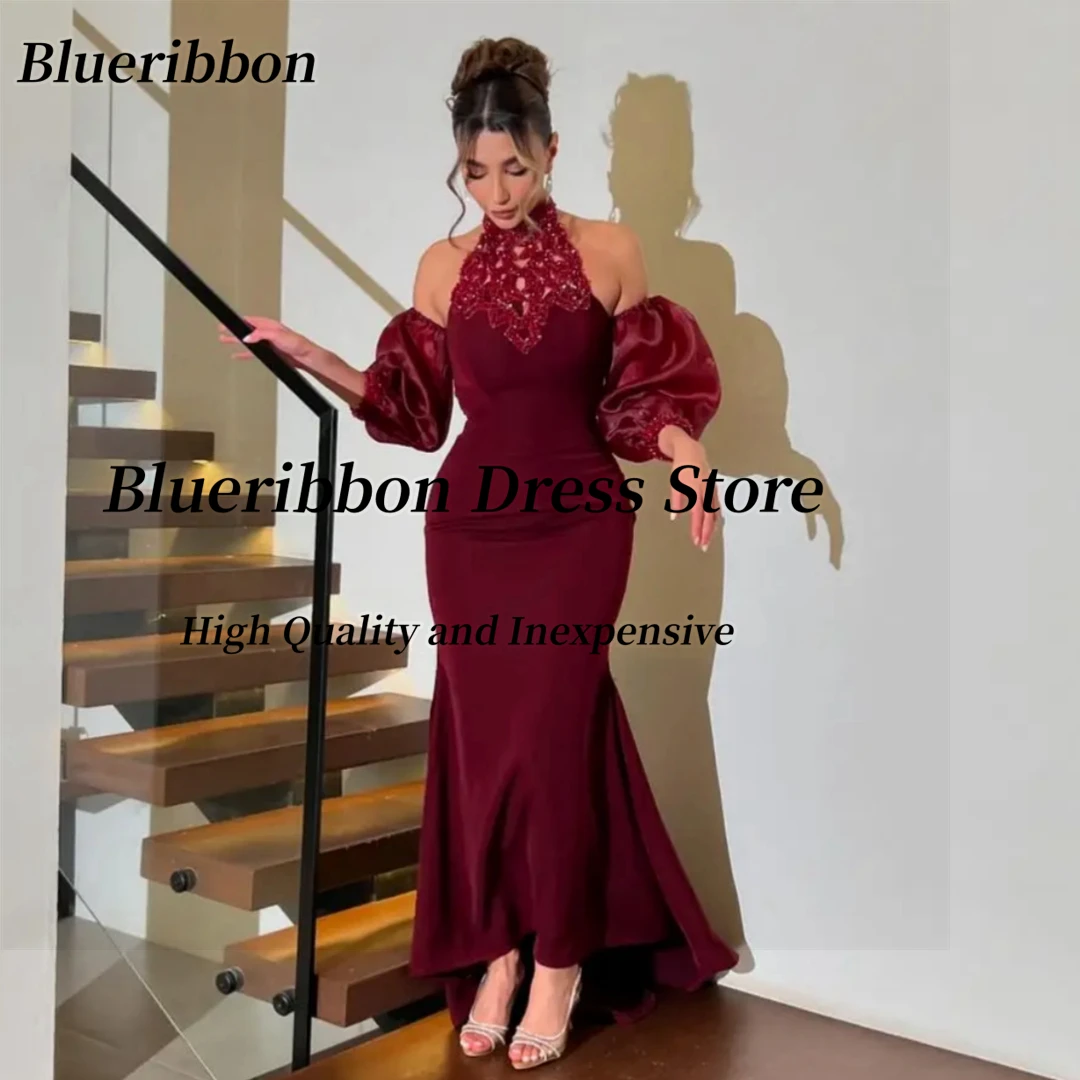 

Blueribbon Customized فساتين سهرة Halter Neck Prom Dresses Lace Up Back Saudi Evening Party Dress Short Sleeves Formal Gowns