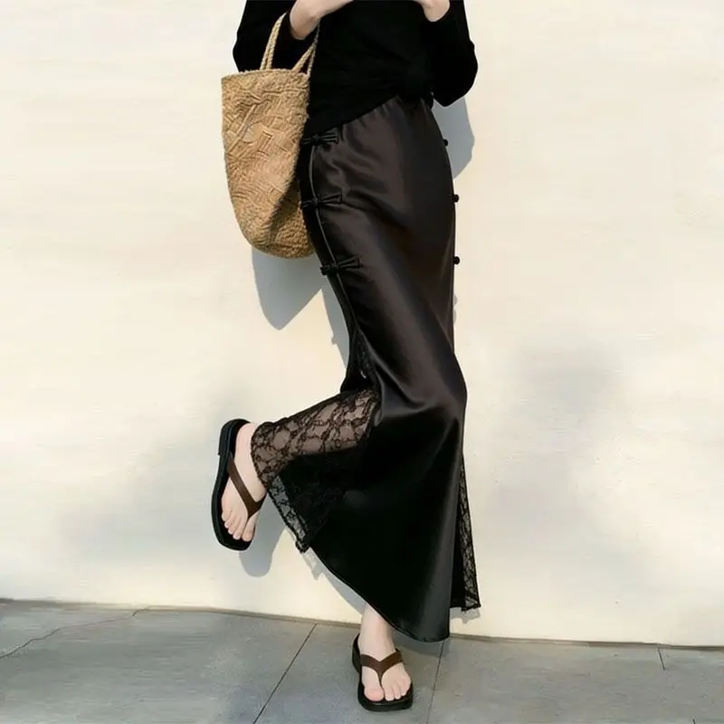 Chinese National Style Long Satin Skirt Women Spring Summer High Waist Lace Splicing Versatile Fishtail Skirts Ladies Sexy Skirt