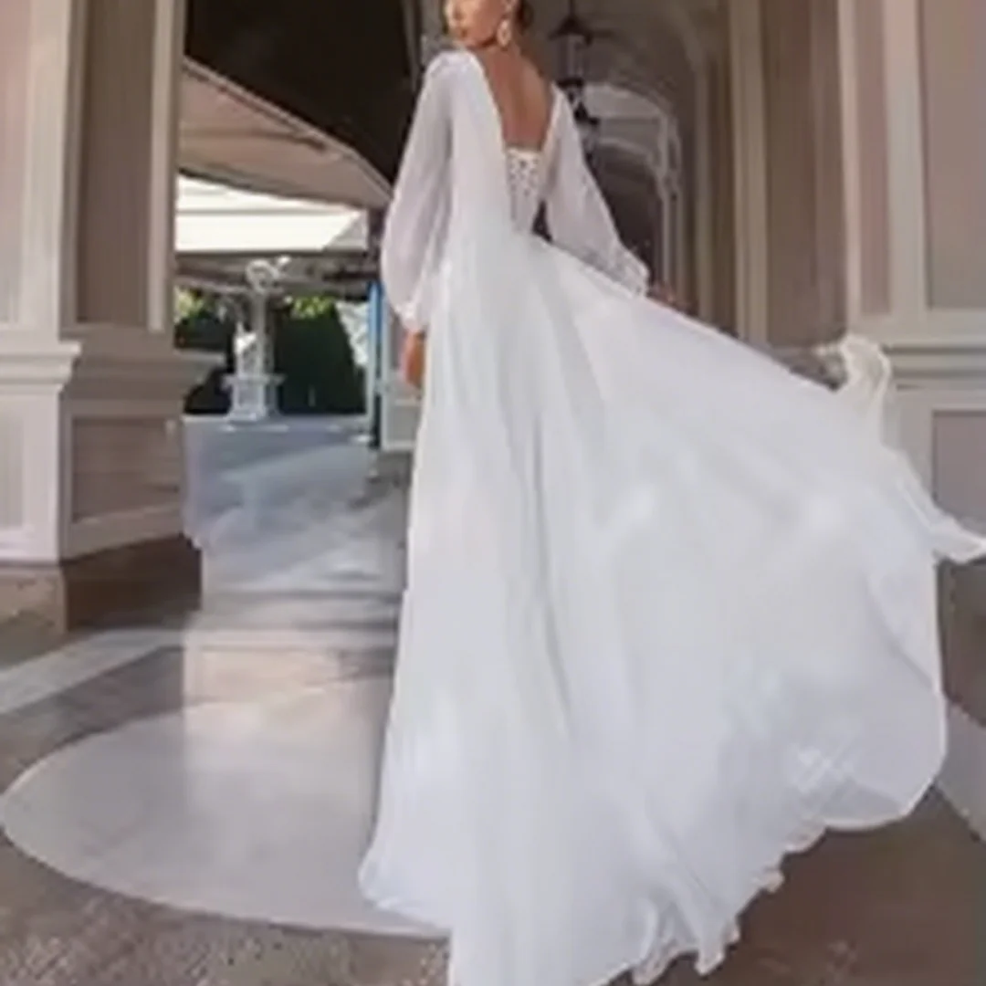 Customized Graceful Wedding Dresses A Line Chiffon Bridal Gowns Long Puff Sleeves Formal Bride Porm Party Gowns