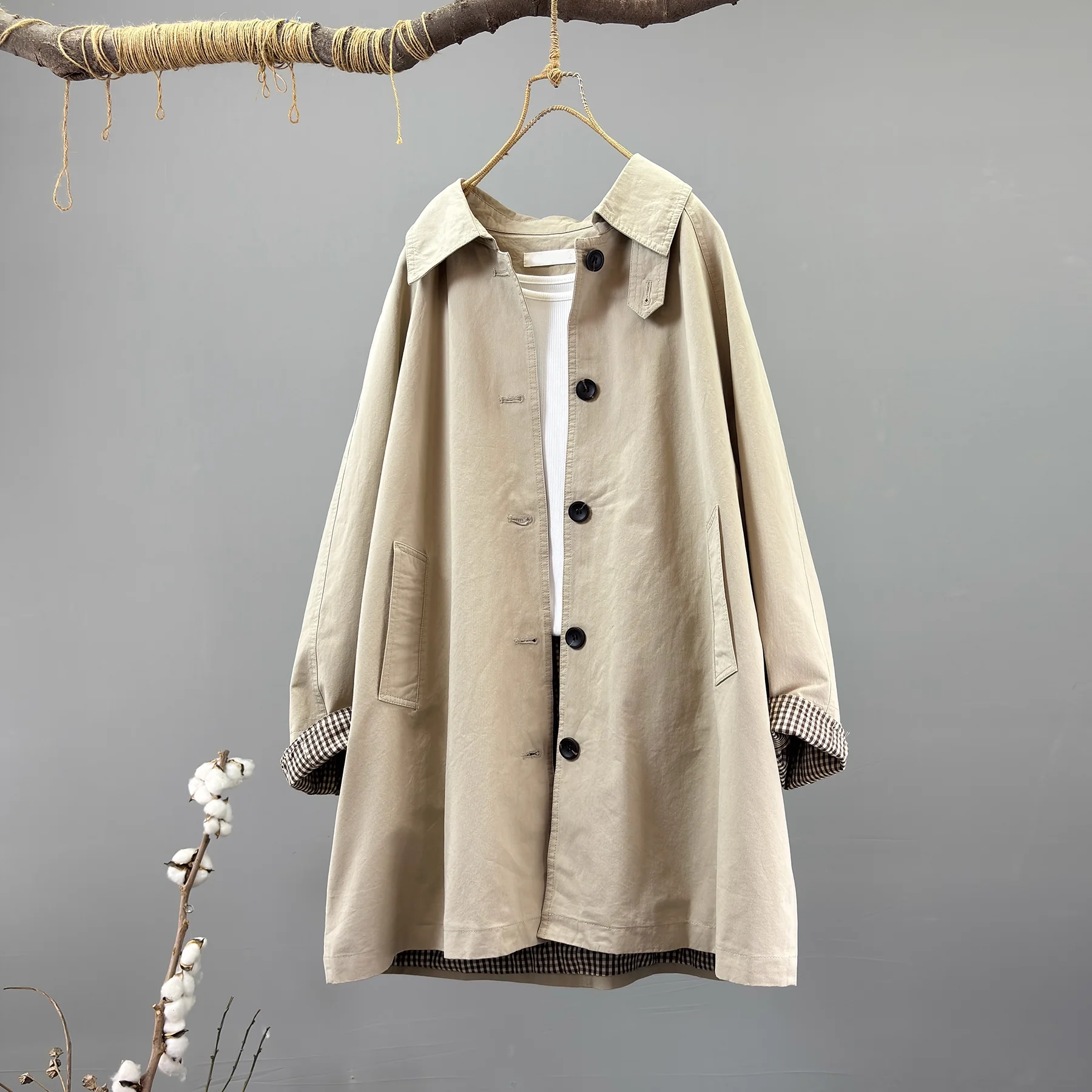 

Enianechu Cotton Trench Coat for Women Autumn Winter Japan Style Casual Loose Single-breasted Mid-length Jacket Outwear