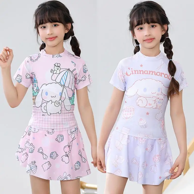 Maillot de bain imprimé dessin animé Cinnamoroll pour filles, maillots de bain Kawaii, manches courtes, crème solaire, été, spa, vacances, plage, bikini, séchage rapide, nouveau