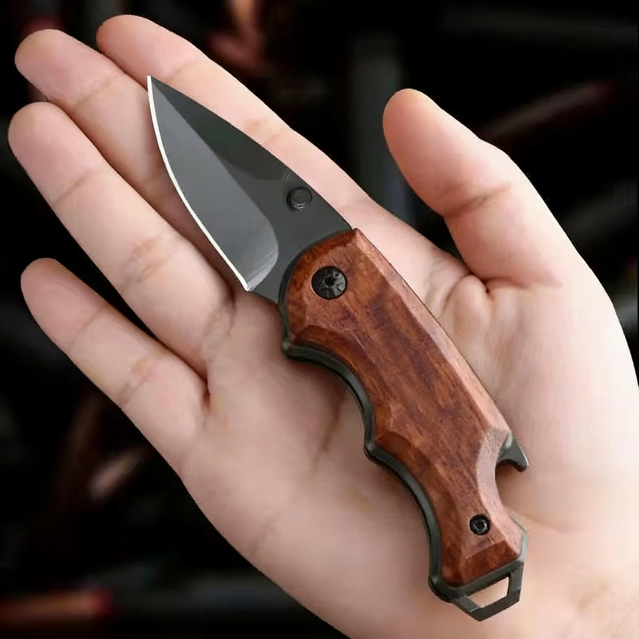 Rosewood folding knife Multifunctional sharp knife Portable mini folding knife with bottle opener EDC tool