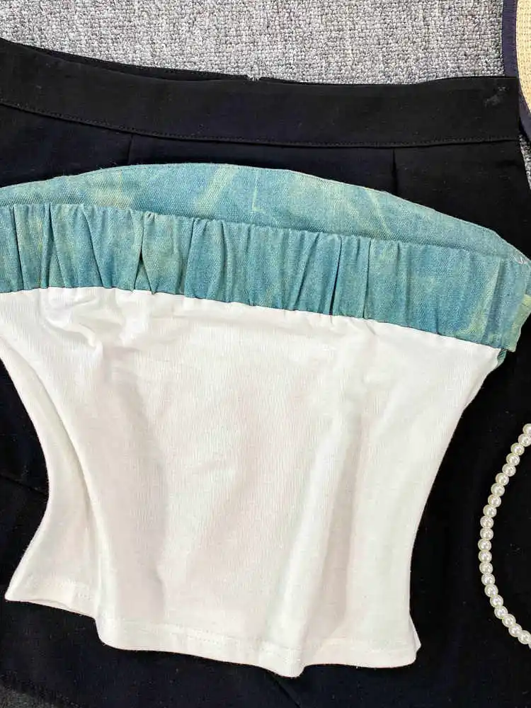 ผู้หญิงสีขาวY2k Crop Top Vintageผีเสื้อพิมพ์Camisoleปิดไหล่Patchworkรัดตัวเสื้อแขนกุดTank Top 2000Sเสื้อผ้า