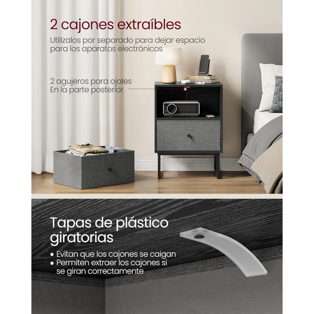 Juego De 2 Mesitas De Noche، Con 2 Cajones De Tela Extraíbles، Negro Ébano Y Gris Pizarra، Almacenamiento #4