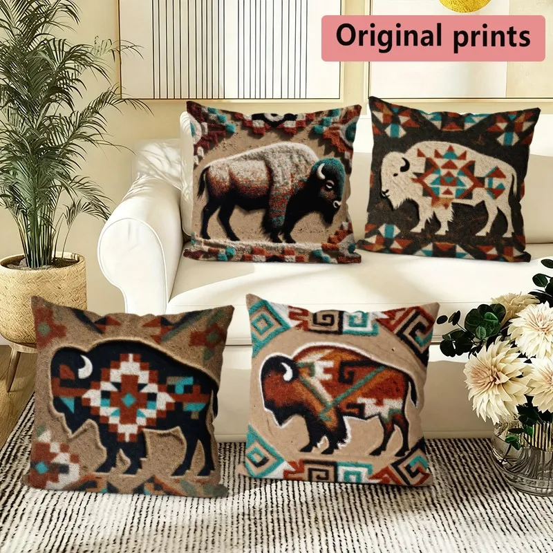 Southwestern Bison Tribal Pillow Covers Pattern Cushion Cover Suitable for Sofa Bedroom Car Pillow Cover