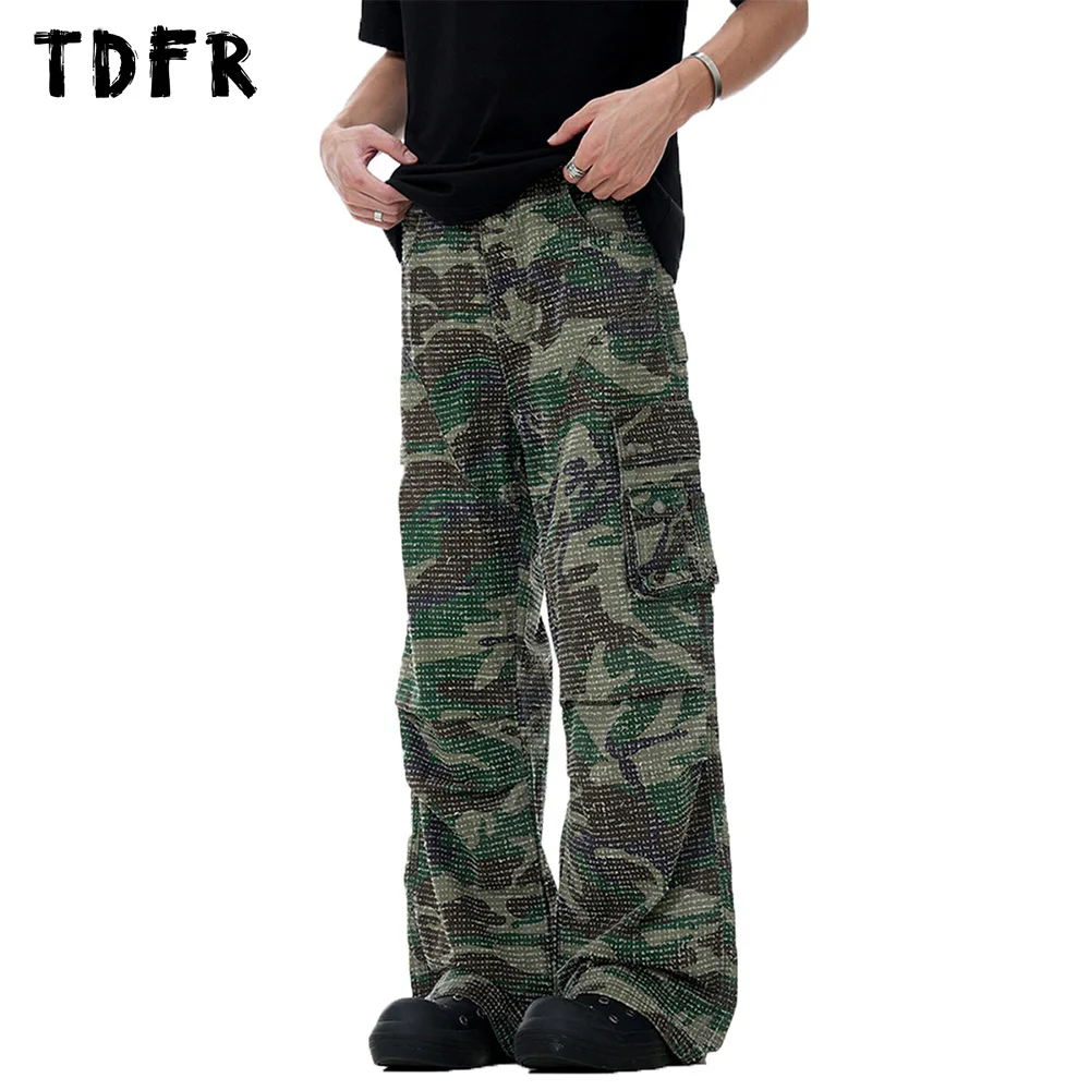 

Camouflage Ripped Cargo Pants Mens Pleated Hip Hop Streetwear Spliced Loose Pocket Straight Wide Leg Trousers Men