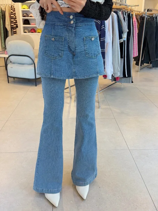 

High Waist Bell Bottom Jeans Women's Slim Fit Casual Loose Long Pants Double Button Design Sensation Fake Two-Piece Jeans