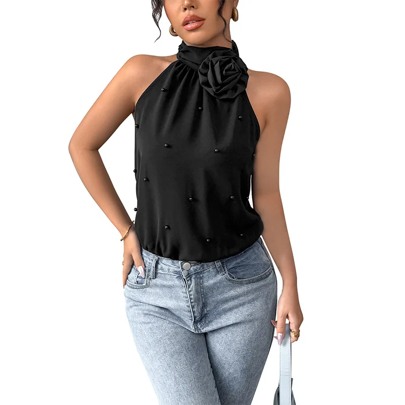 2025 Nieuwe Mode Amerikaanse Europese vrouwen Zwarte Effen Kleur Mouwloze Elegante 3d Bloem Opknoping-hals Speelpakjes Vrouwelijke Romper