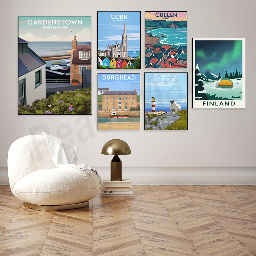 Scarpe Island, Scots Rail, Burghead Harbour, Welsh Clock Tower, Northern Lights Finland, Lower Largo, East Fife travel posters