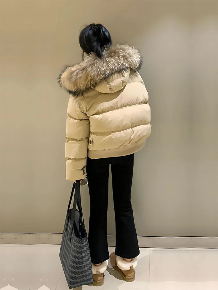 Manteau court rembourré kaki pour femme, veste en coton, grand col en fourrure, vêtements de travail, Parka à capuche, nouvelle collection hiver 2025