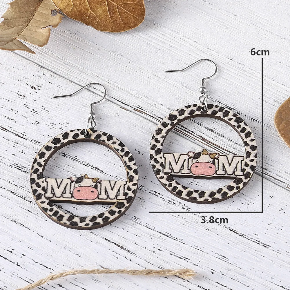 New Cute Hollow Earrings Cream Style MOM Letter Cow Pattern Double-sided Wood Earrings Western Cowboy Earrings Gift Wholesale