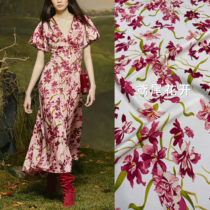 

Pink & Purple Iris Floral Print Silk Stretch Crepe De Chine Fabric Mulberry Silk Material For Dresses 140cm Wide Blouse