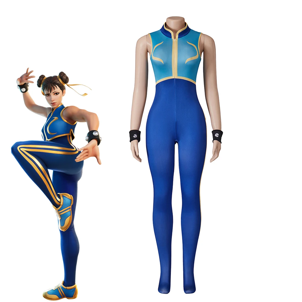 Chun Li Cosplay Jumpsuit For Women Sexy Blue Jumpsuit with Bangle Halloween Carnival Party Superhero Disguise Combat Bodysuit