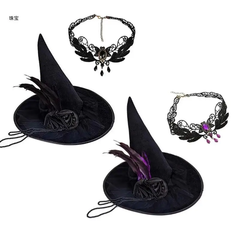 

X5QE Halloween Witch Hat Delicate Lace Witch Hats for Masquerade Fashion Adults Cosplay Costume Accessory