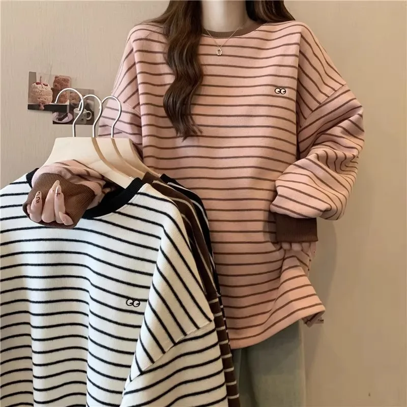 Korean Style Long Sleeve Fleece Lined Brushed Base Shirt Women's Loose Fit Inner Wear Thickened Striped T-shirt Top