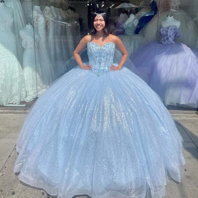

Light Blue Shiny Quinceanera Dresses Ball Gown Birthday Party Dress Lace Crystal Up Graduation Gown With Cape quinceanera de 15