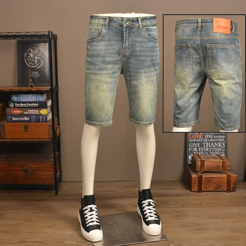 

Summer thin retro distressed yellow mud denim shorts men's high-end trendy brand elastic slim fit washed casual shorts