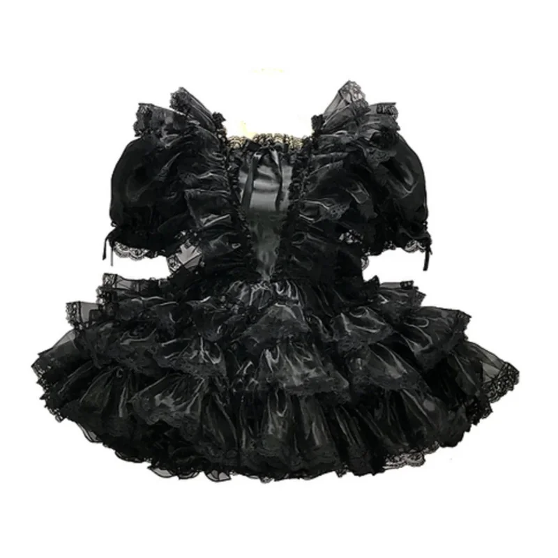 Sexy sippy girl maid black satin lace patch square neck loose bubble sleeve princess dress multi layered cake tower skirt custom