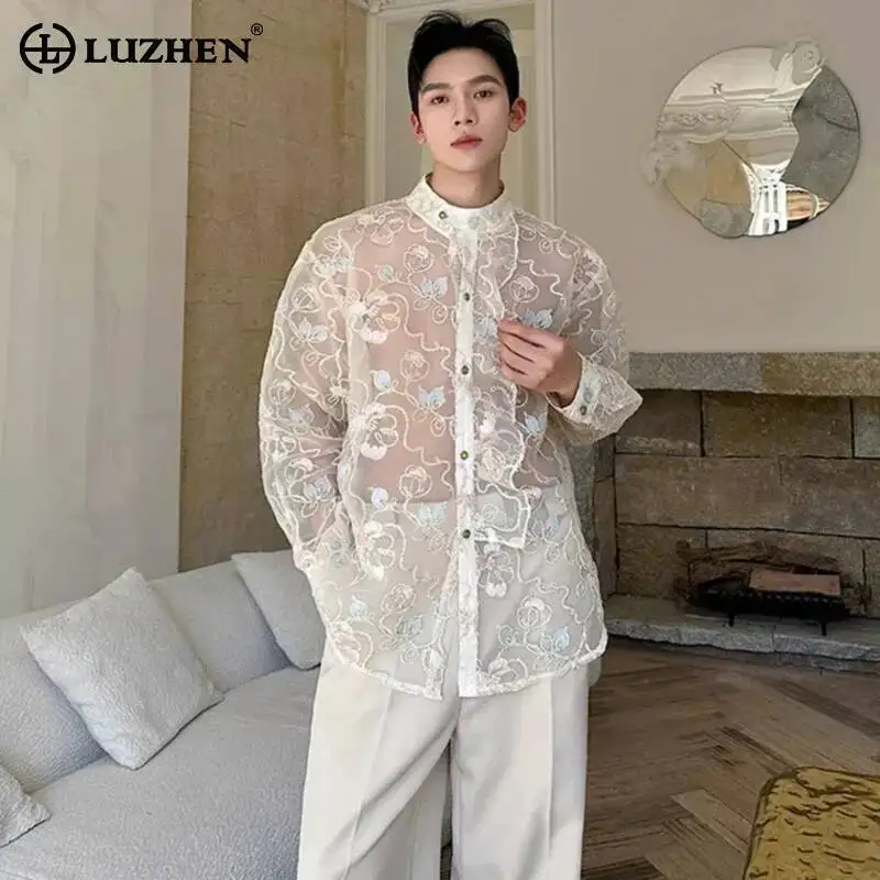 LUZHEN 2025 Summer Clothing Embroidery Pattern Men's Perspective Stylish Sunscreen Handsome Long Sleeve Stand Neck Shirts JY7737