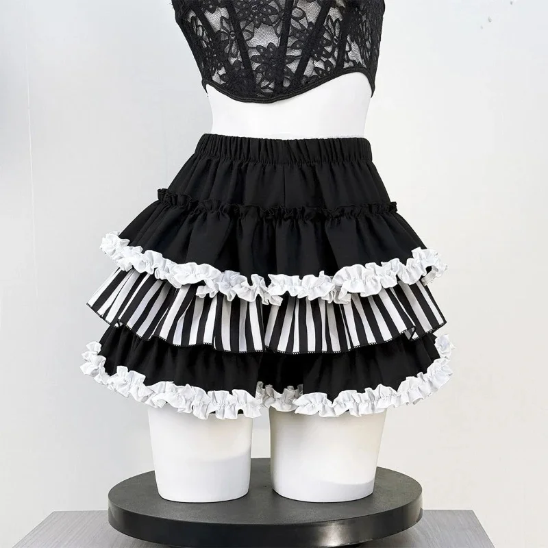 Harajuku Black White Piano Keys Grunge Mini Skirts Women Y2k Aesthetic High Waist Cake Skirt Streetwear Vintage Ruffles Faldas