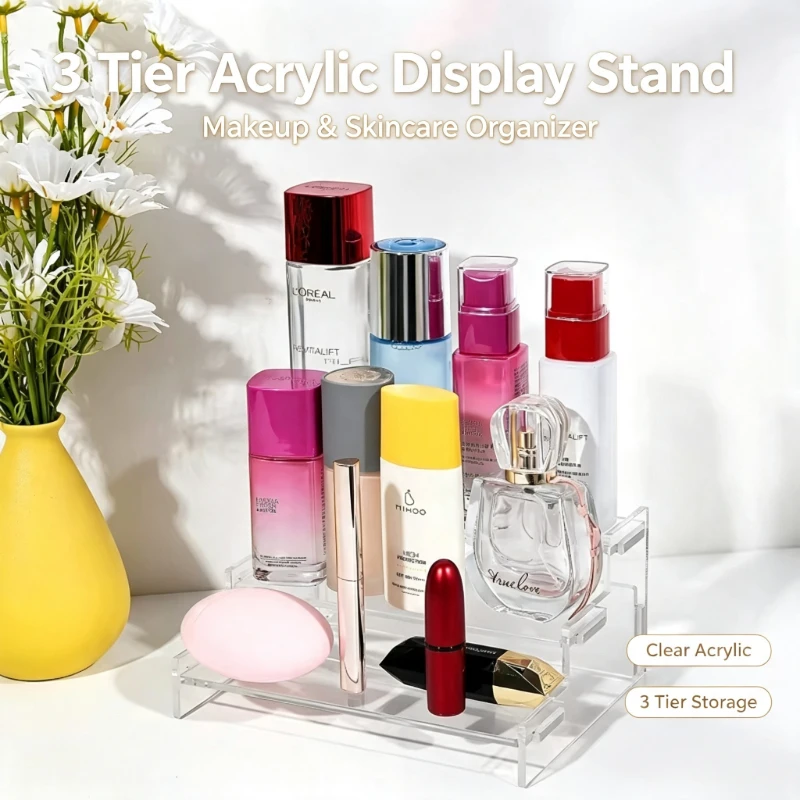 Suporte de exibição acrílico de 3 camadas, rack de exibição durável para cupcake, perfume, boneca, transparente, caixa cega trapezoidal, prateleira de armazenamento