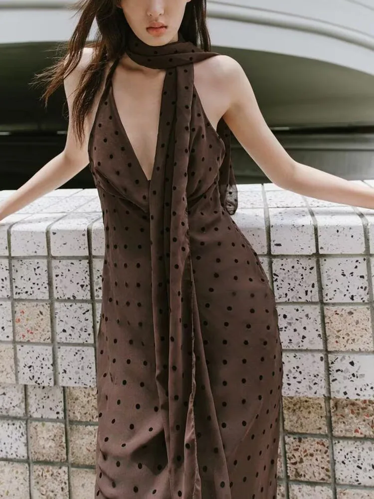 Été nouveau Sexy Bal Svel à pois écharpe longue Dr taille haute robe pour les femmes Par robe de soirée suspendue Ne Sle