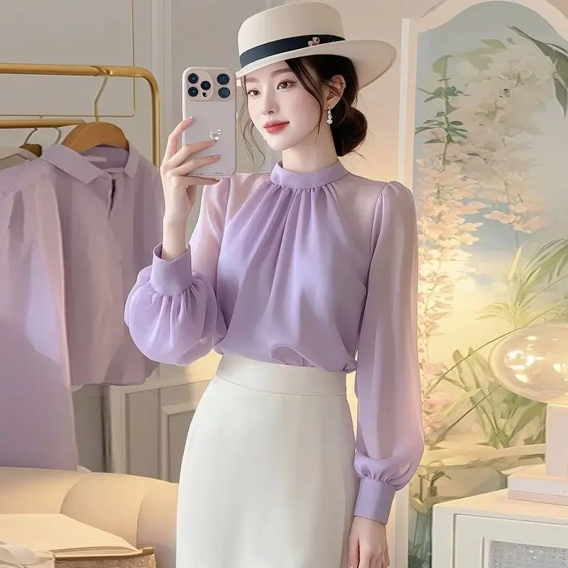 Autumn New Korean Style Unique Temperament Commuting Chiffon Top Women's Purple Sunscreen Long Sleeve Shirt