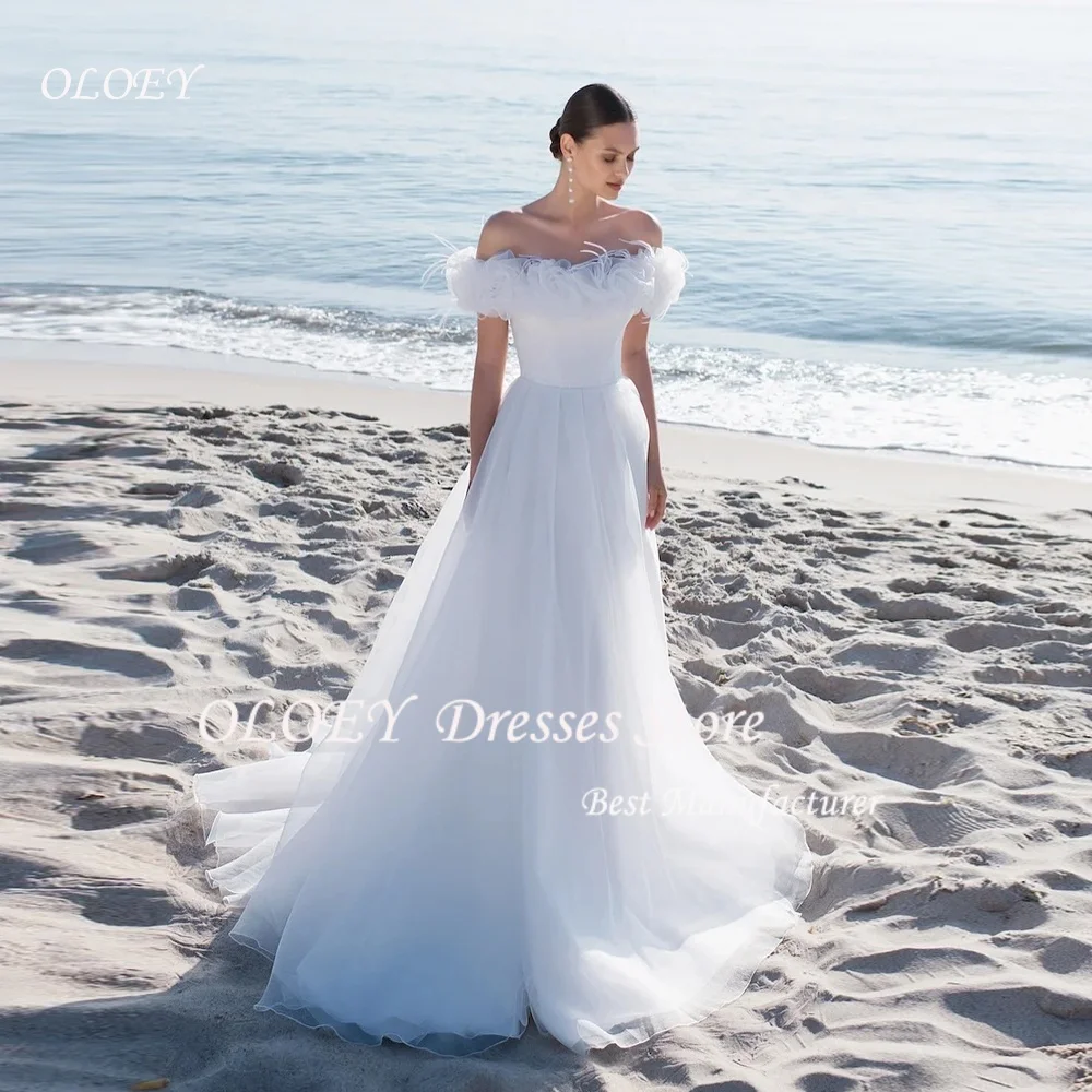 OLOEY 맞춤형 고급 화이트 오간자 웨딩 드레스 고품질 보트넥 오프숄더 짧은 소매 신부 드레스