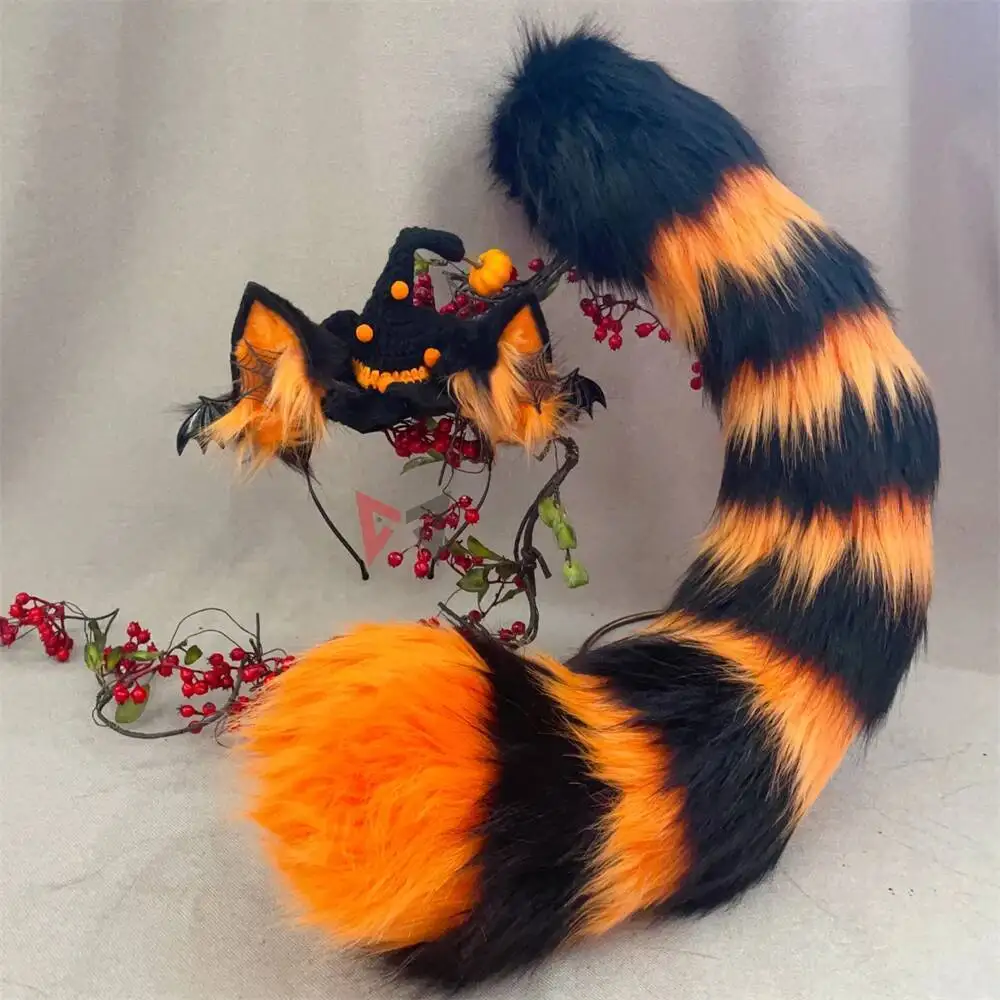 Nuevo trabajo hecho a mano, sombrero de calabaza para Halloween, orejas de gato, aro para el pelo, cola para elegir, conjunto naranja y negro hecho a medida