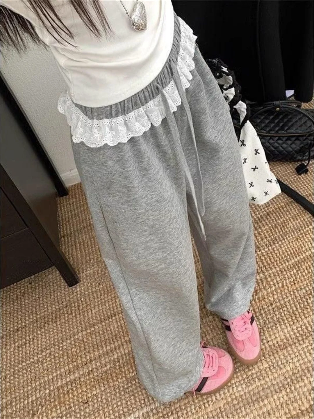 Korean Style  Knot Lace Splicing Wide Leg Pants Women's Spring Summer Black Design Casual Loose Feeling Sporty Sweat...
