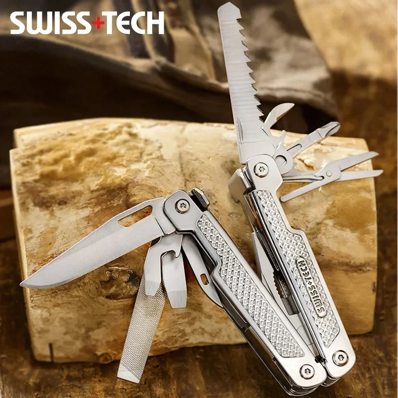 SWISS TECH 15 in 1 Multitool Folding Pliers Pocket Scissors Saw Multifunctional EDC Tool Camping Outdoor Hiking